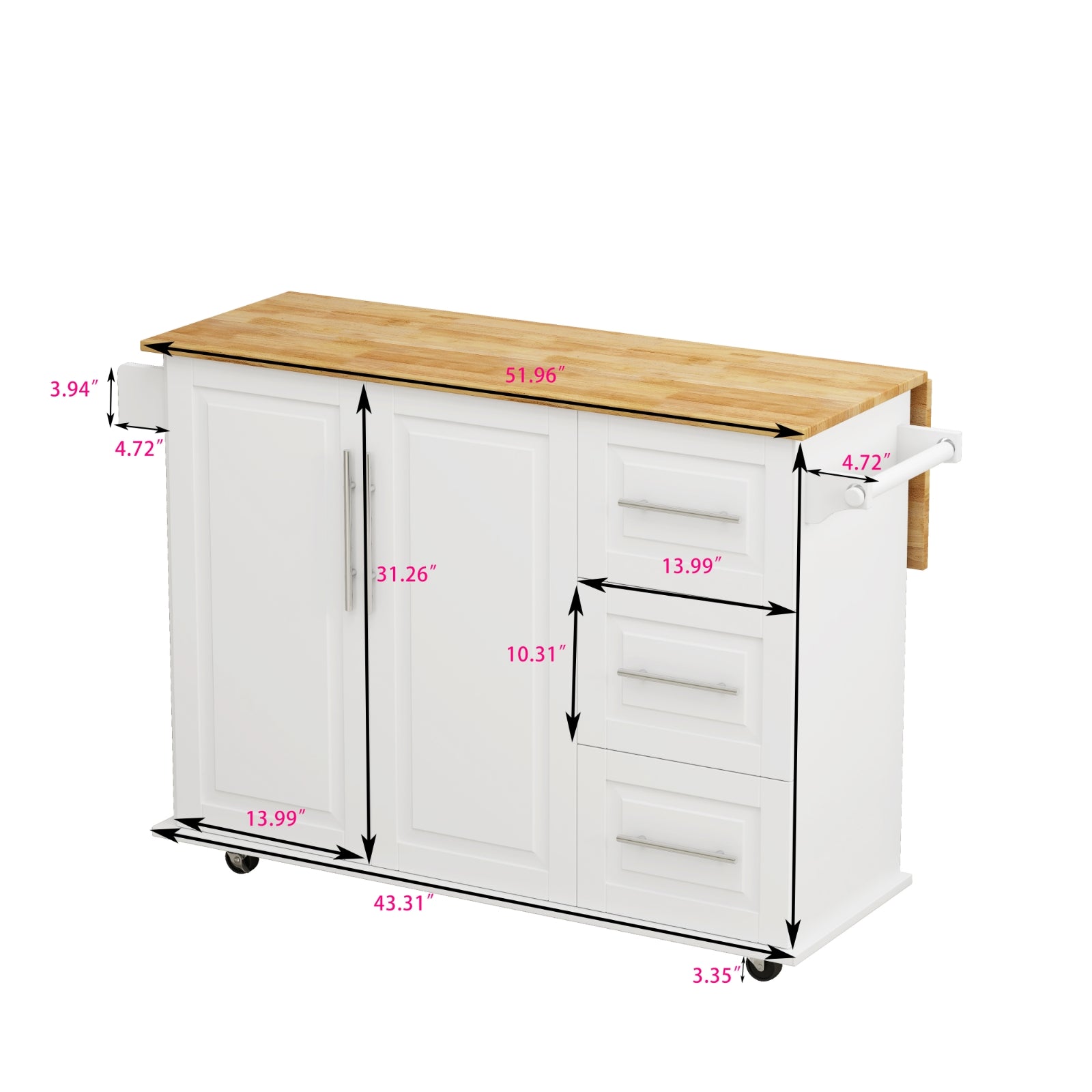 Carrito de Isla de Cocina con Gabinete, 3 Cajones, Estante para Especias, Estante para Toallas, 43.31 de Ancho