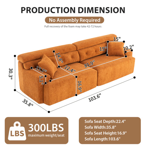LY-029 ORANGE KOMPRESSIONS-SOFA 4-Sitzer Kombiniertes Sofa, Holzmaserung-Chenille-Stoff, Voll-Schwamm-Kompressionssofa, kombiniertes Sofa mit 2 Kissen für Wohnzimmer Möbel Wohnung