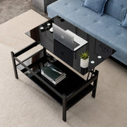 Mesa de Centro de Vidrio Templado con Tapa Elevable, Moderna y Simple de 2 Capas para Sala de Estar, Negra