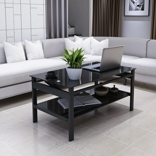 Mesa de Centro de Vidrio Templado con Tapa Elevable, Moderna y Simple de 2 Capas para Sala de Estar, Negra