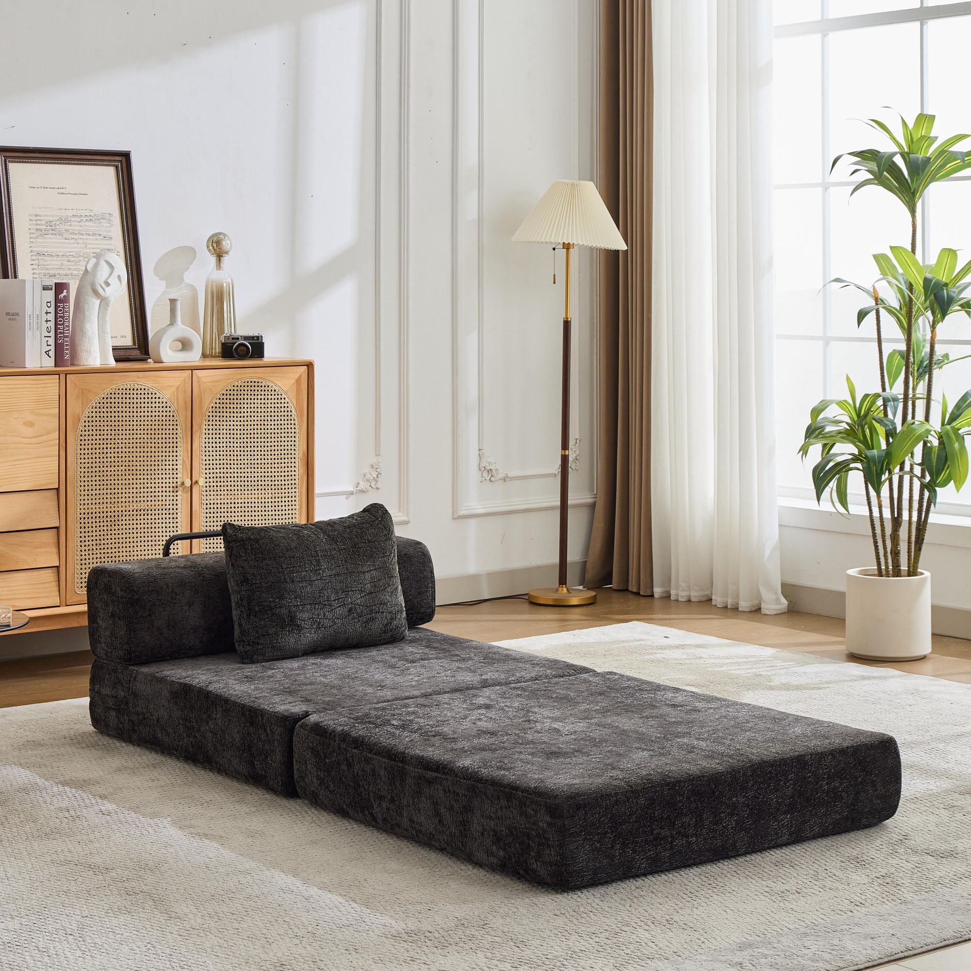 Sofá de Compresión, Sofá Cama Convertible para el Suelo con Marco de Forma Fija, Sofá Seccional Modular sin Huesos para una Persona, Sin Ensamblaje Requerido, Tela de Chenille, para Sala de Estar y Dormitorio, Negro