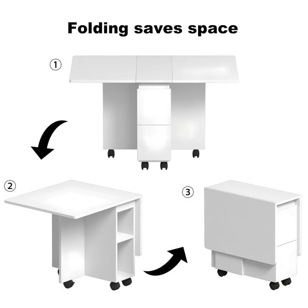 Juego de Mesa de Comedor Plegable con Hoja Caída para 4 Personas con 4 Sillas, Mesa de Comedor Plegable Ahorra Espacio con Almacenamiento y 6 Ruedas, 47.2 Pulgadas de Profundidad x 23.6 Pulgadas de Ancho x 30.3 Pulgadas de Altura, Blanco