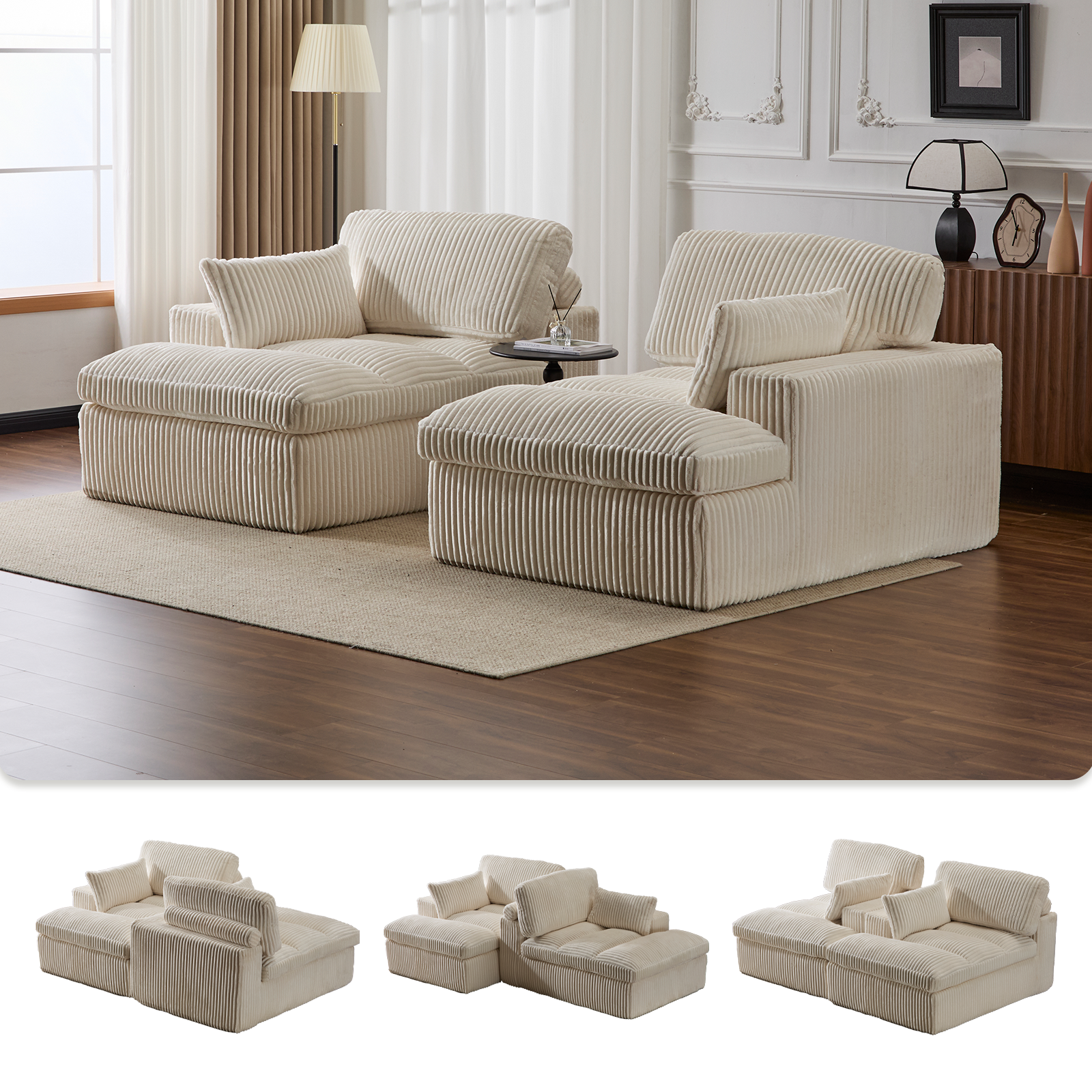 Silla de Chaise Lounge Doble para Interiores, Sofá Nube Oversized Tapizado, Cama de Sofá de Lujo con Asiento Profundo, Sofá Seccional Chaise Loveseat, Silla de Lectura de Corduroy para Sala de Estar, Sin Ensamblaje Requerido, Blanco