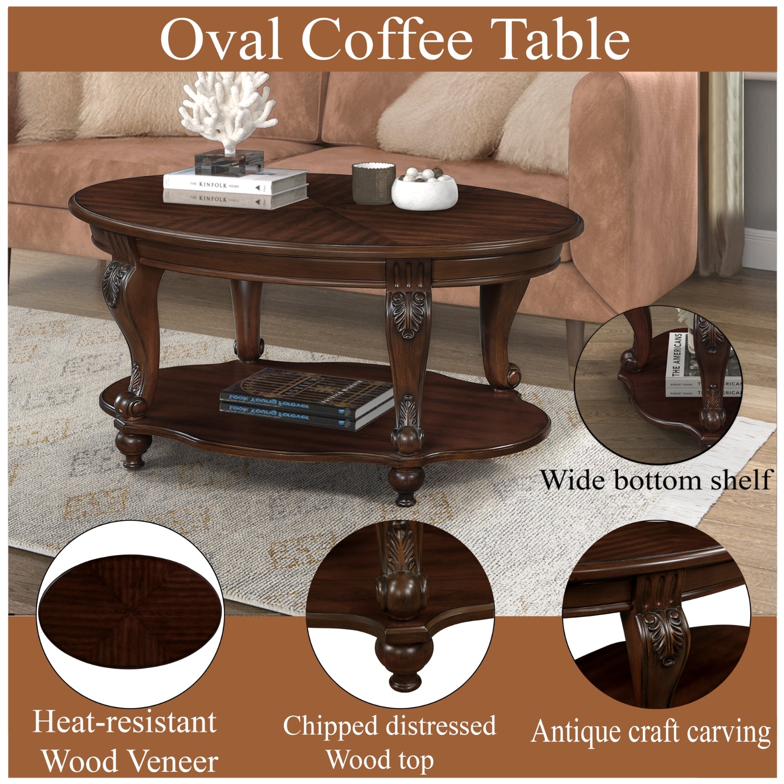 Mesa de centro de madera ovalada de 42'' para sala de estar, mesa de cóctel de madera maciza de 2 niveles con estantería de almacenamiento abierto