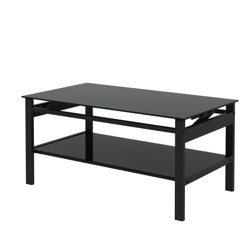 Mesa de Centro de Vidrio Templado con Tapa Elevable, Moderna y Simple de 2 Capas para Sala de Estar, Negra