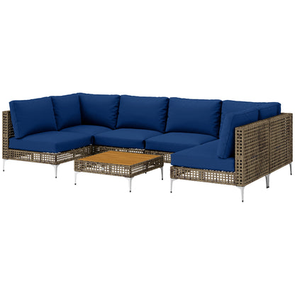 7 Piece Wicker Patio Furniture Set, Modular Outdoor Sectional With Thickened Cushions, Acacia Wood Table, Brown Blue