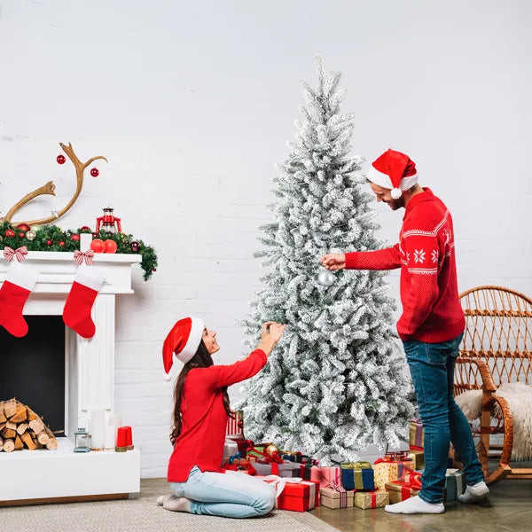 7 FT Snow Flocked Pre-lit Artificial Pencil Christmas Tree, Hinged Xmas Pine Tree With 1100 Branch Tips And 400 Lights For Holiday Party Office Home, Snowy Green