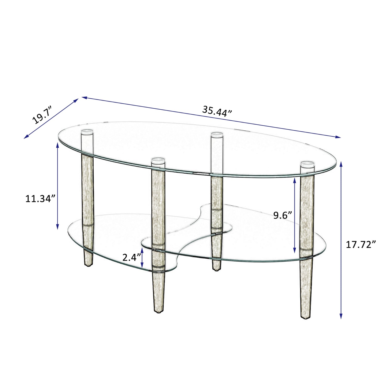 Transparent Oval Glass Coffee Table, 3-Layer Oak Leg Modern Living Room Table