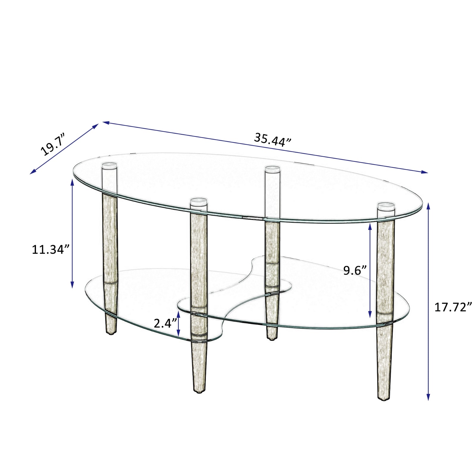 Glass Oval Coffee Table Oak Legs Three-Layer