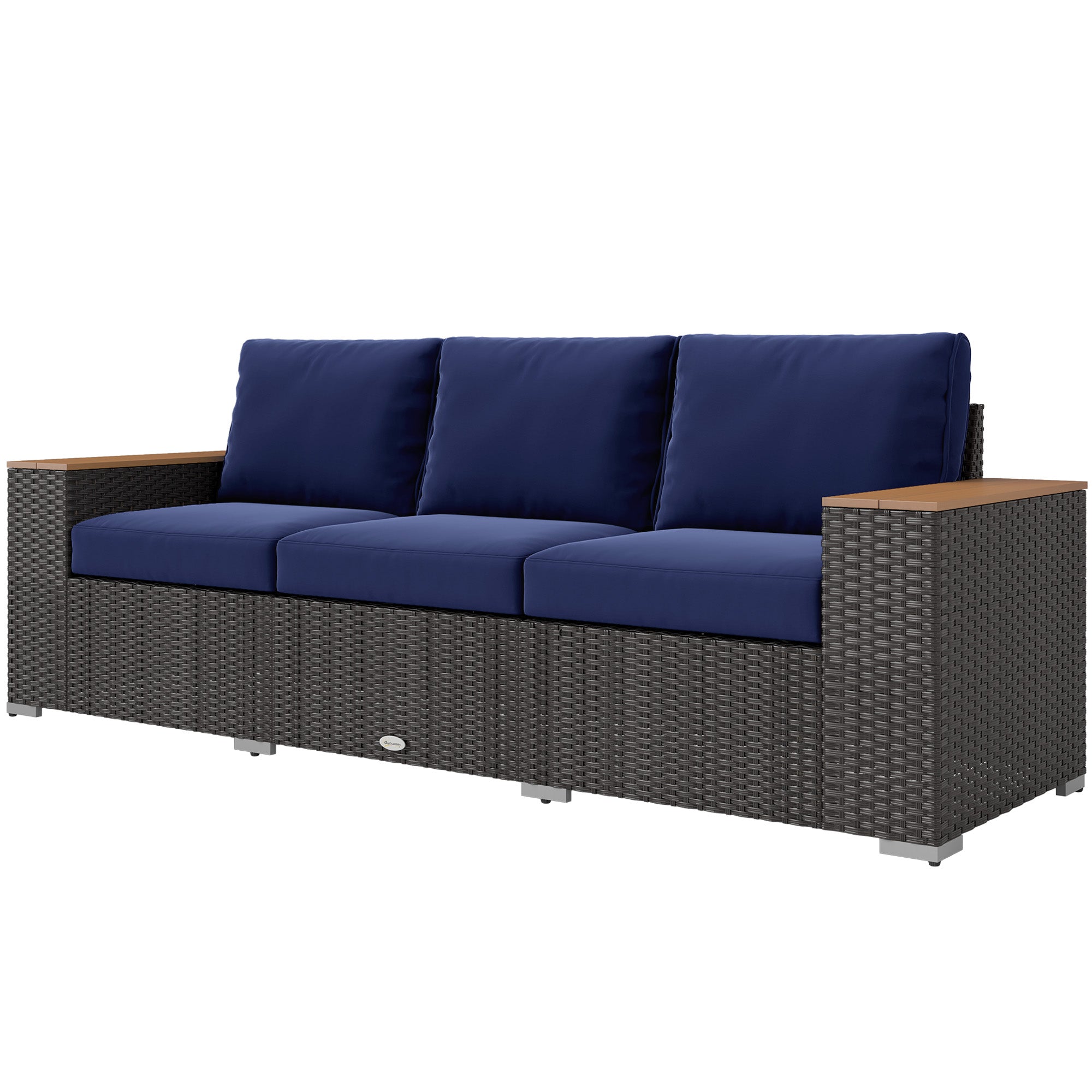 Sofá de Patio Exterior para 3 Personas con Cojines, Sofá de Mimbre de Rattan PE con Reposabrazos Anchos, Sofá de Mimbre Exterior, Azul Marino