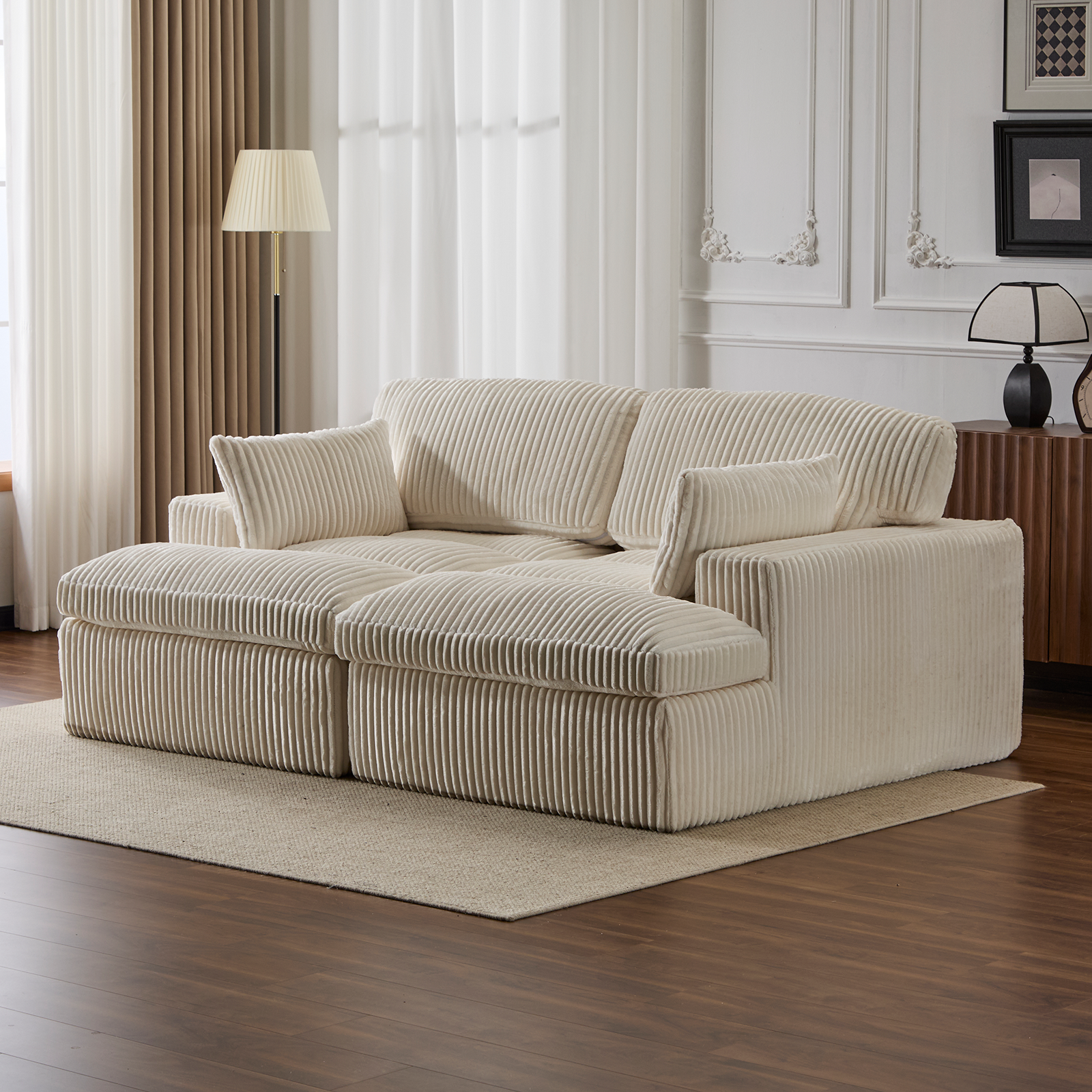 Silla de Chaise Lounge Doble para Interiores, Sofá Nube Oversized Tapizado, Cama de Sofá de Lujo con Asiento Profundo, Sofá Seccional Chaise Loveseat, Silla de Lectura de Corduroy para Sala de Estar, Sin Ensamblaje Requerido, Blanco
