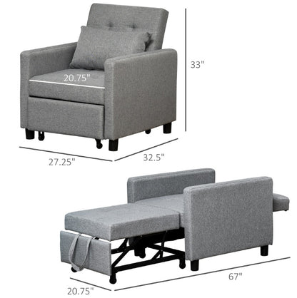 Convertible Chair Bed Grey Sofa Bed Multi-Functional Sleeper Ottoman Recliner Adjustable Backrest