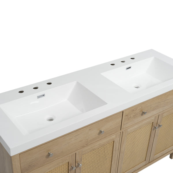 Tocador de Baño de 60 Pulgadas con Doble Lavabo (Lavabo SMC), Amplio Espacio de Almacenamiento con 2 Bandejas Plegables / Cajones Extensibles y 4 Puertas de Cierre Suave, Patas de Madera Sólida y Perillas de Metal Plateado, Color de Madera