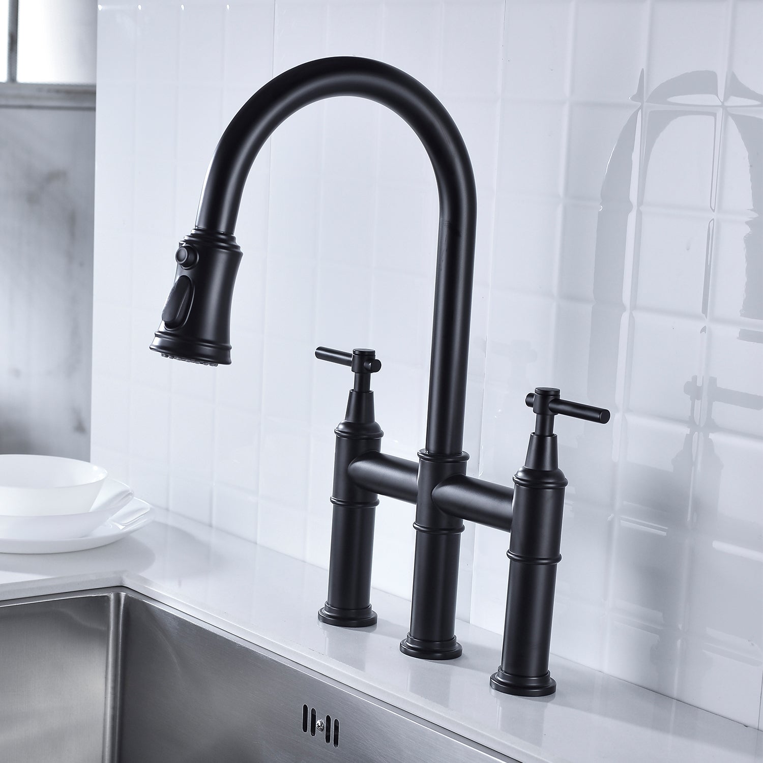 Matte Black Dual-Handle Kitchen Faucet