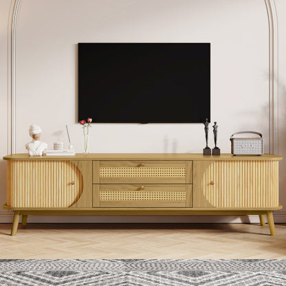 Rattan TV Stand For TVs Up To 75'', Modern Farmhouse Media Console, Entertainment Center With Solid Wood Legs, TV Cabinet For Living Room,Home Theatre