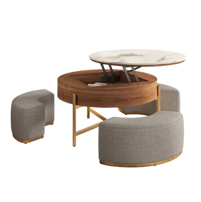 Mesa de Centro con Carga Superior Extensible de 3 Patas Apilable con Almacenamiento Incluye 3 Taburetes
