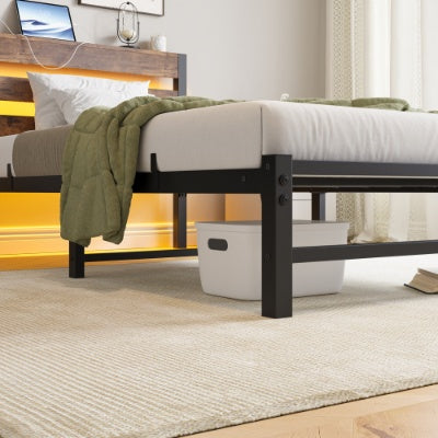 Estructura de Cama Tamaño Individual Marco de Cama Plataforma de Uso Intensivo con Cabecero, Estación de Carga USB, Cama con Luces LED, No Se Requiere Resorte de Caja, Base para Colchón, Listones de Acero Resistentes, Sin Ruido, Marrón