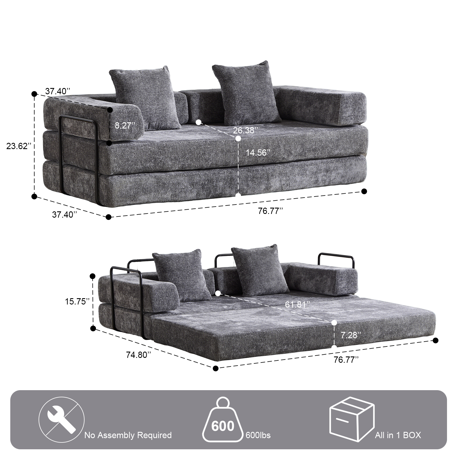 Sofá de Suelo, Sofá de Compresión, Sofá Cama Convertible de Suelo - con Soporte de Espalda en Almohada y Reposabrazos, Sofá Futón Cómodo para Reposar Cama para Dormir, Tela Chenille, para Sala de Estar y Dormitorio GRIS OSCURO