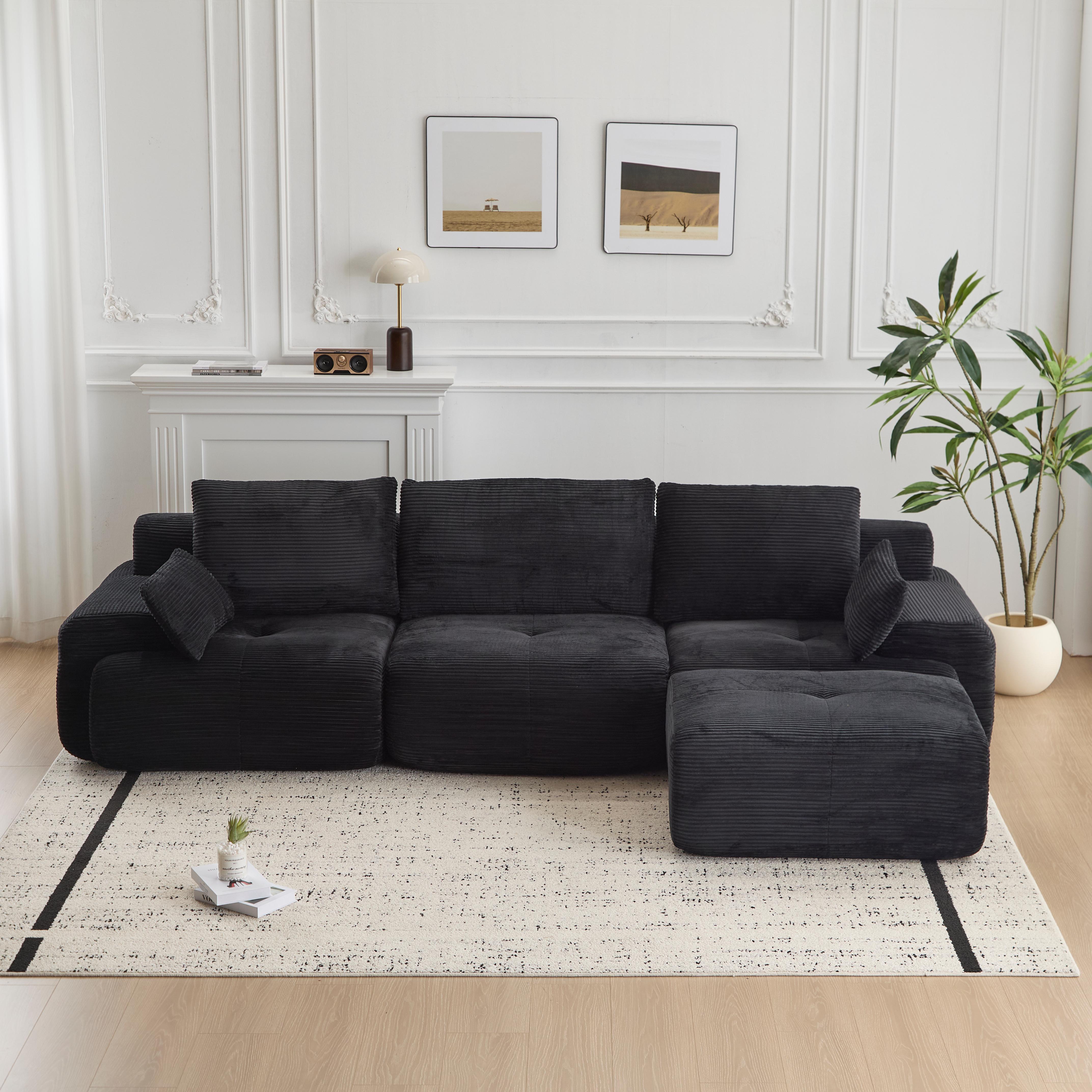 Black Corduroy Sectional Sofa Memory Foam Cushions