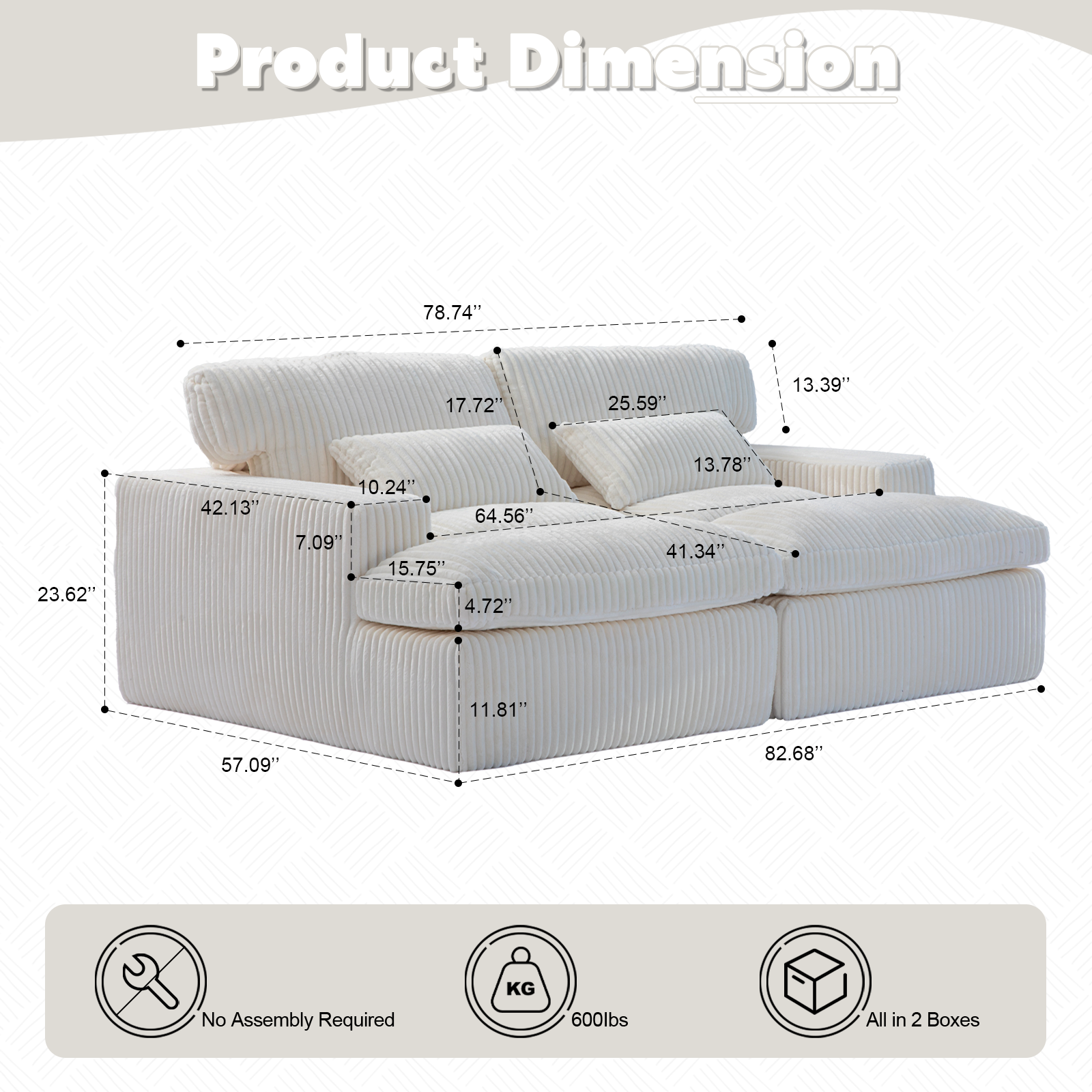Silla de Chaise Lounge Doble para Interiores, Sofá Nube Oversized Tapizado, Cama de Sofá de Lujo con Asiento Profundo, Sofá Seccional Chaise Loveseat, Silla de Lectura de Corduroy para Sala de Estar, Sin Ensamblaje Requerido, Blanco