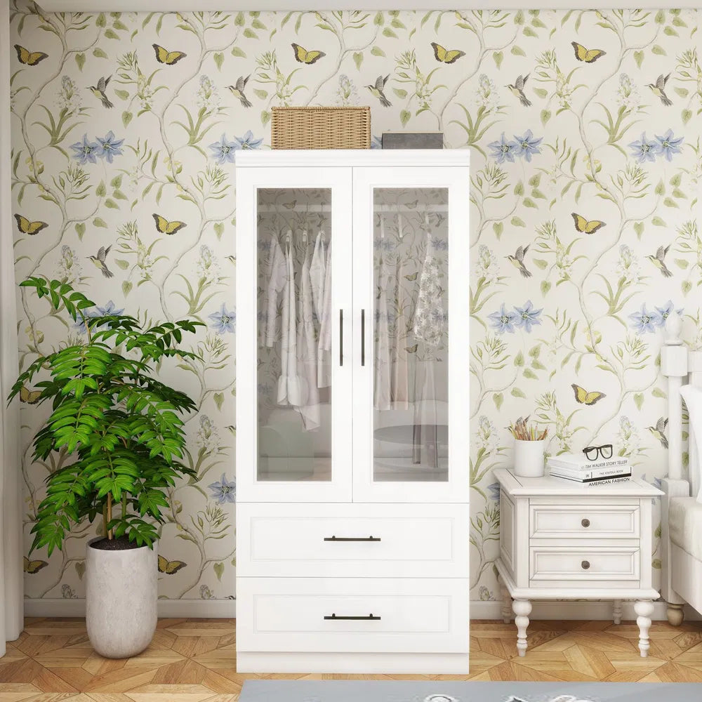 Armario Vestidor Ropero con 2 Puertas de Armario de Cristal, Armario Vestidor de Dormitorio de 71" de Alto con 2 Cajones de Armario, Almacenamiento de Armario con Barra de Colgar para Dormitorio, Armarios y Roperos de Madera