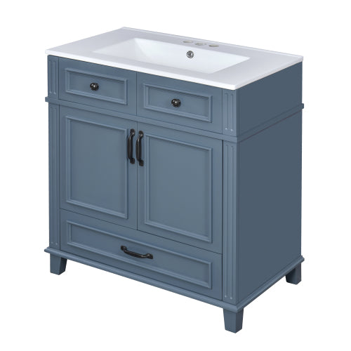 Lavabo de baño de 30'' con fregadero de cerámica, gabinete de almacenamiento de baño con marco de madera maciza y puertas de cierre suave, estilo retro, azul