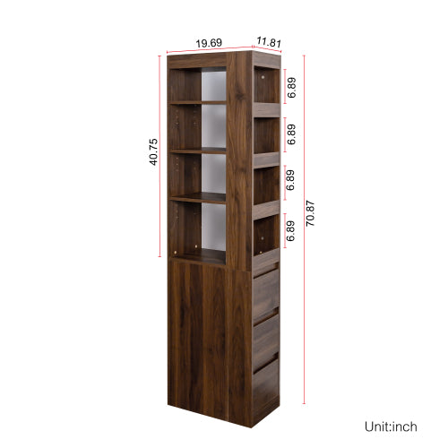 Gabinete de Almacenamiento para Pantalla de 70.87 H, Estantería de 4 Niveles, 3 Cajones Laterales y 4 Estantes de Exhibición Pequeños, Estantería Alta Moderna de Madera para Libros para Sala de Estar o Oficina en Casa