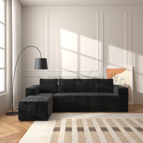 Sofá Seccional Cloud con Chaise en Forma de L, Sofá Modular Moderno con Asiento Profundo, Sofás Tapizados con Chaise Orientado a la Derecha para Sala de Estar o Dormitorio, Sin Ensamblaje Requerido, Tela de Terciopelo Negro Suave