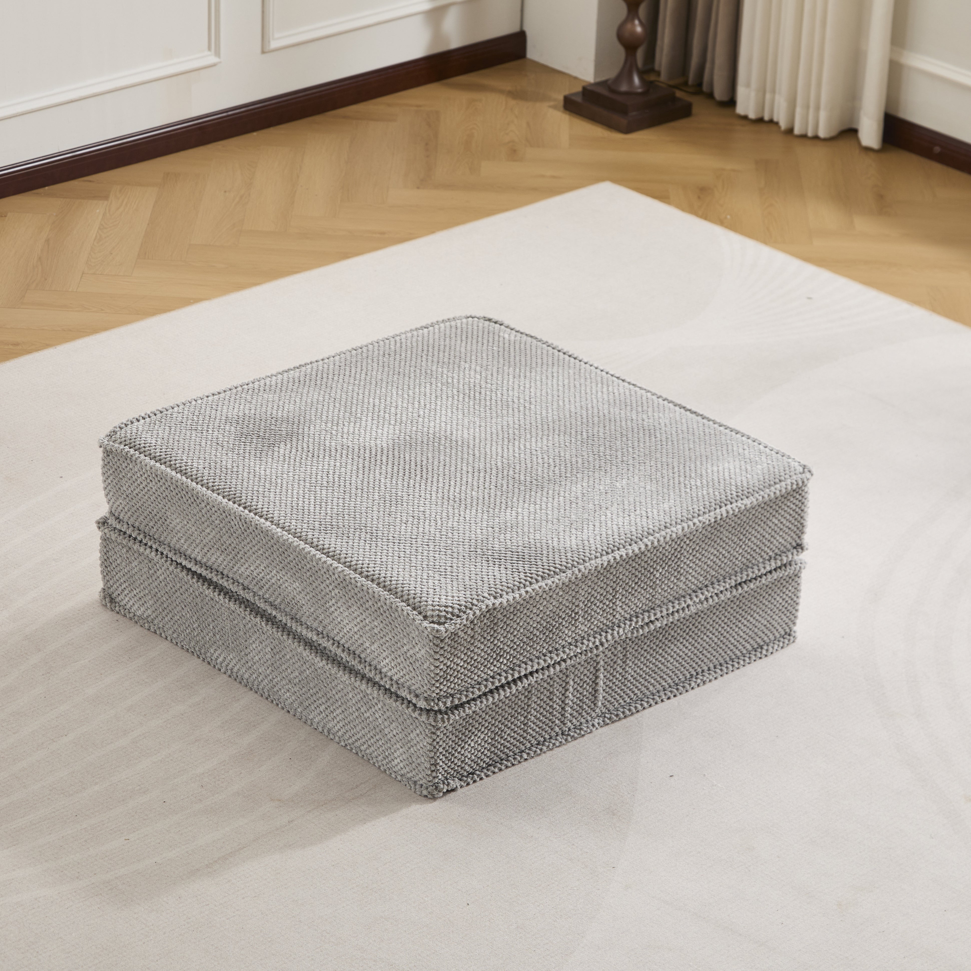 Sofá Mahjong de Compresión, Sofá Cama Convertible para el Suelo, Sofá Seccional Modular sin Huesos DIY, Sin Ensamblaje Requerido, Tejido de Lana de Círculo, 1 Otomana, Gris Claro