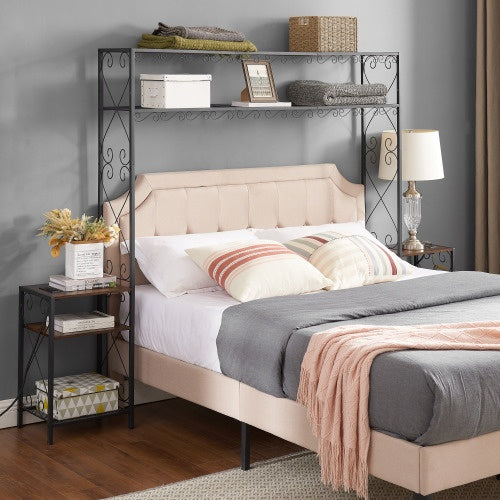 Queen Bed Frame With 2 Nightstands Headboards With Storage Cabinet, Headboard With Shelves, Bookcase Headboard Queen Easy Assembly For Bedroom Iron And Wood Rustic Brown