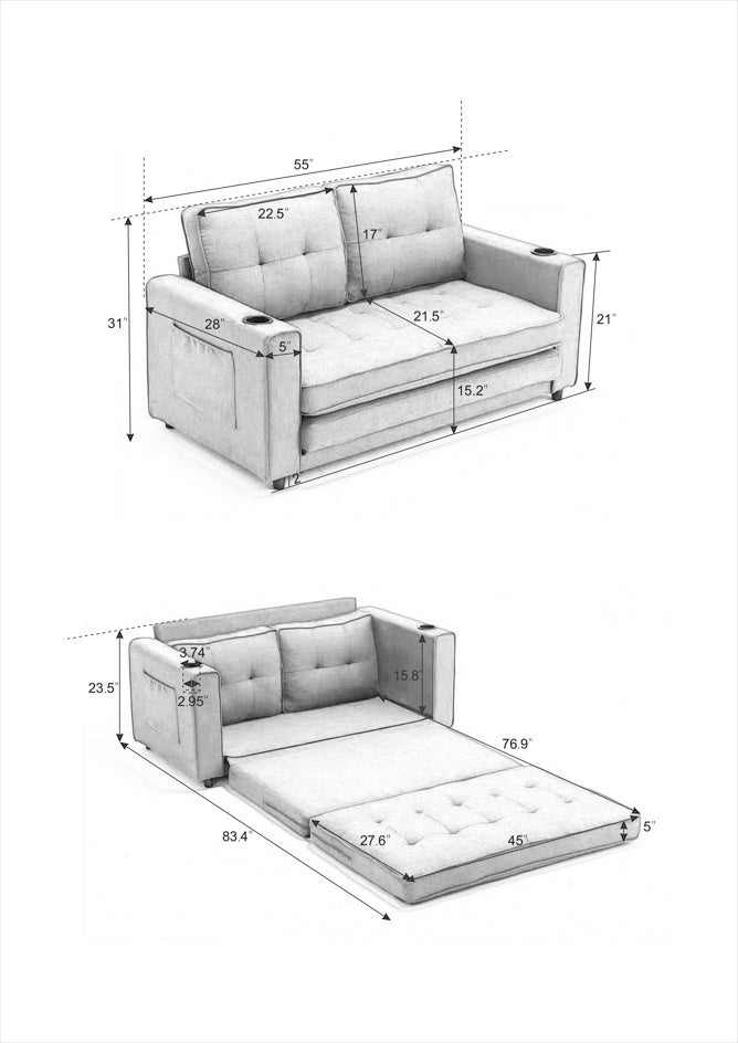 Sofá Futón Tapizado 3 en 1 Convertible en Cama, Loveseat Plegable con Tapizado y Cama Extensible con Colchón Extraíble