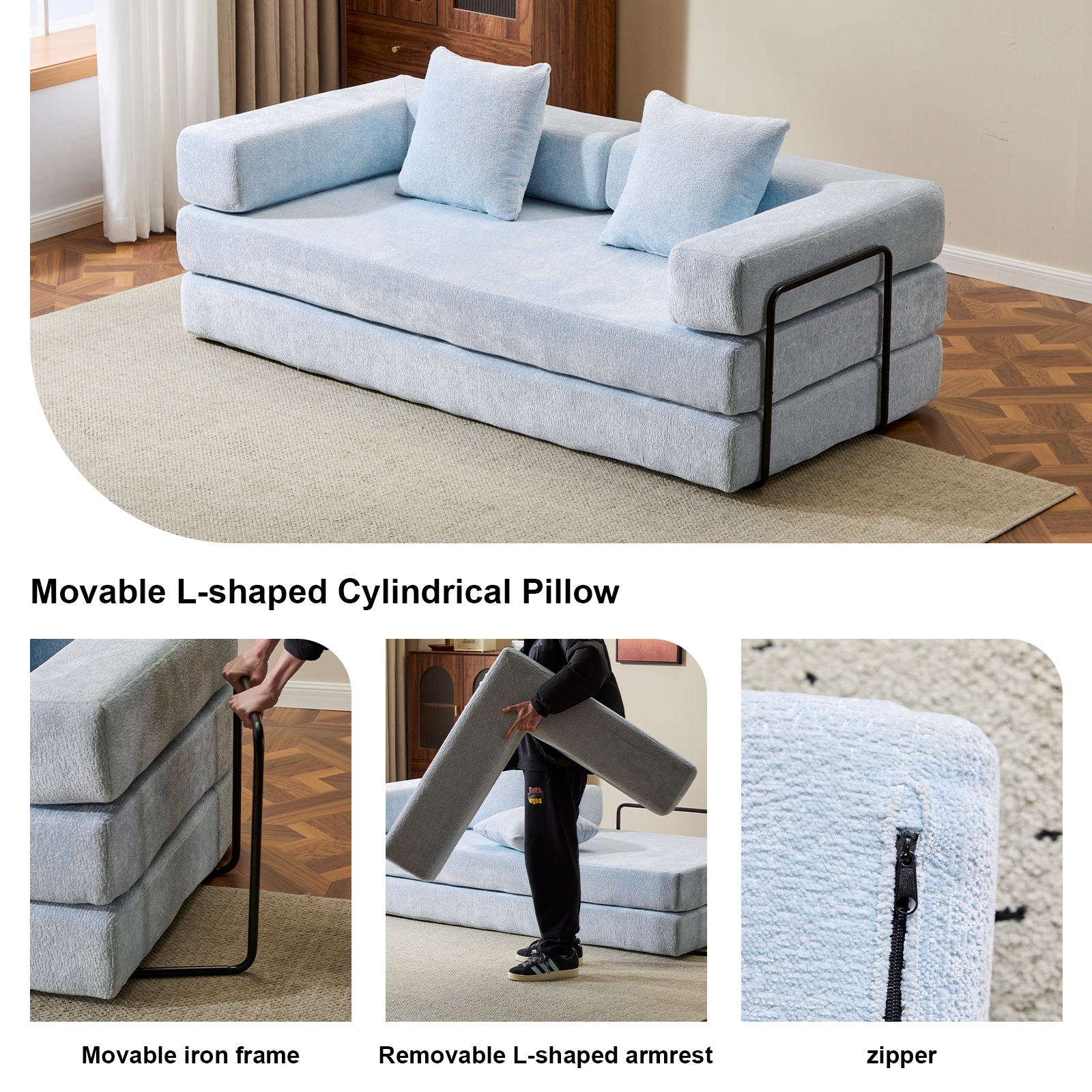Sofá de Suelo, Sofá con Compresión, Sofá Cama Convertible de Suelo - con Soporte para la Espalda de Almohada y Reposabrazos, Sofá Futón Cómodo para Descanso y Cama para Dormir, Tela de Chenilla, para Sala de Estar y Dormitorio AZUL CLARO