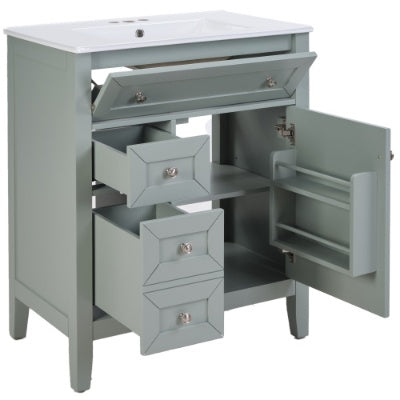 Lavabo de Baño en Madera Maciza con Fregadero de Cerámica de Montaje Inferior, 12 Guías de Cajón de Cierre Suave, Cajón Volteable, Cajón de Almacenamiento Único, Estante Ajustable, Capacidad de Carga de 70 kg, Gris