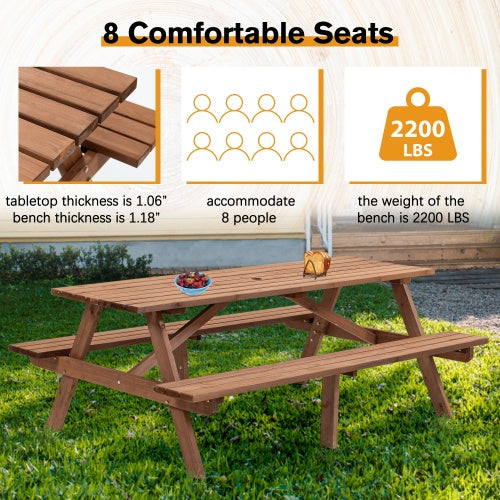 Wooden Picnic Table Outdoor Dining Space 8 Person