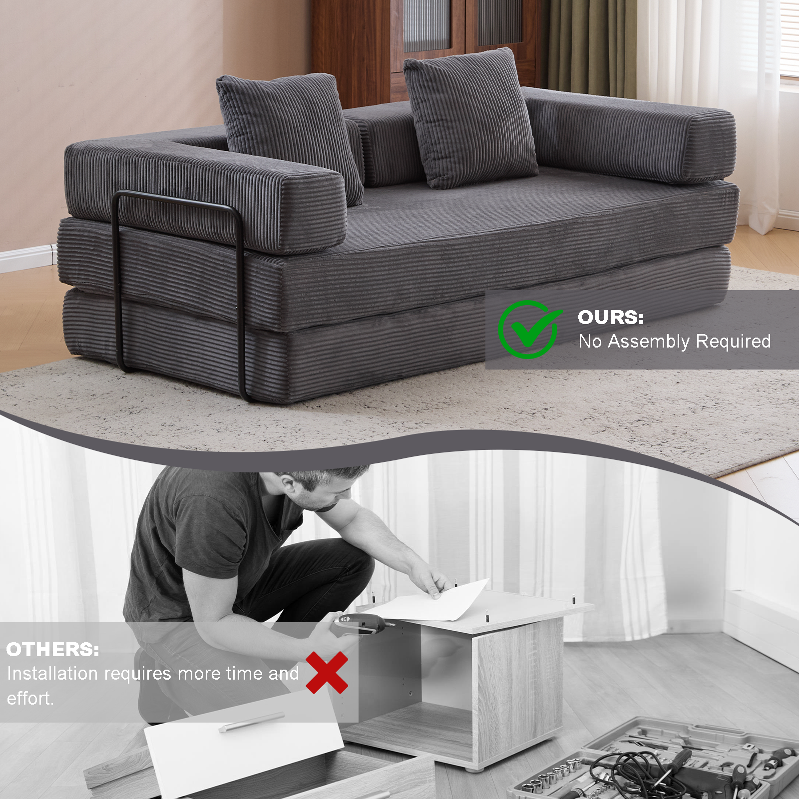 Sofá de Suelo, Sofá de Compresión, Sofá Cama Convertible de Suelo - con Soporte de Espalda con Almohada y Reposabrazos, Sofá Futón Cómodo para Reposar Cama para Dormir, Tela de Corduroy, para Sala de Estar y Dormitorio Gris Oscuro
