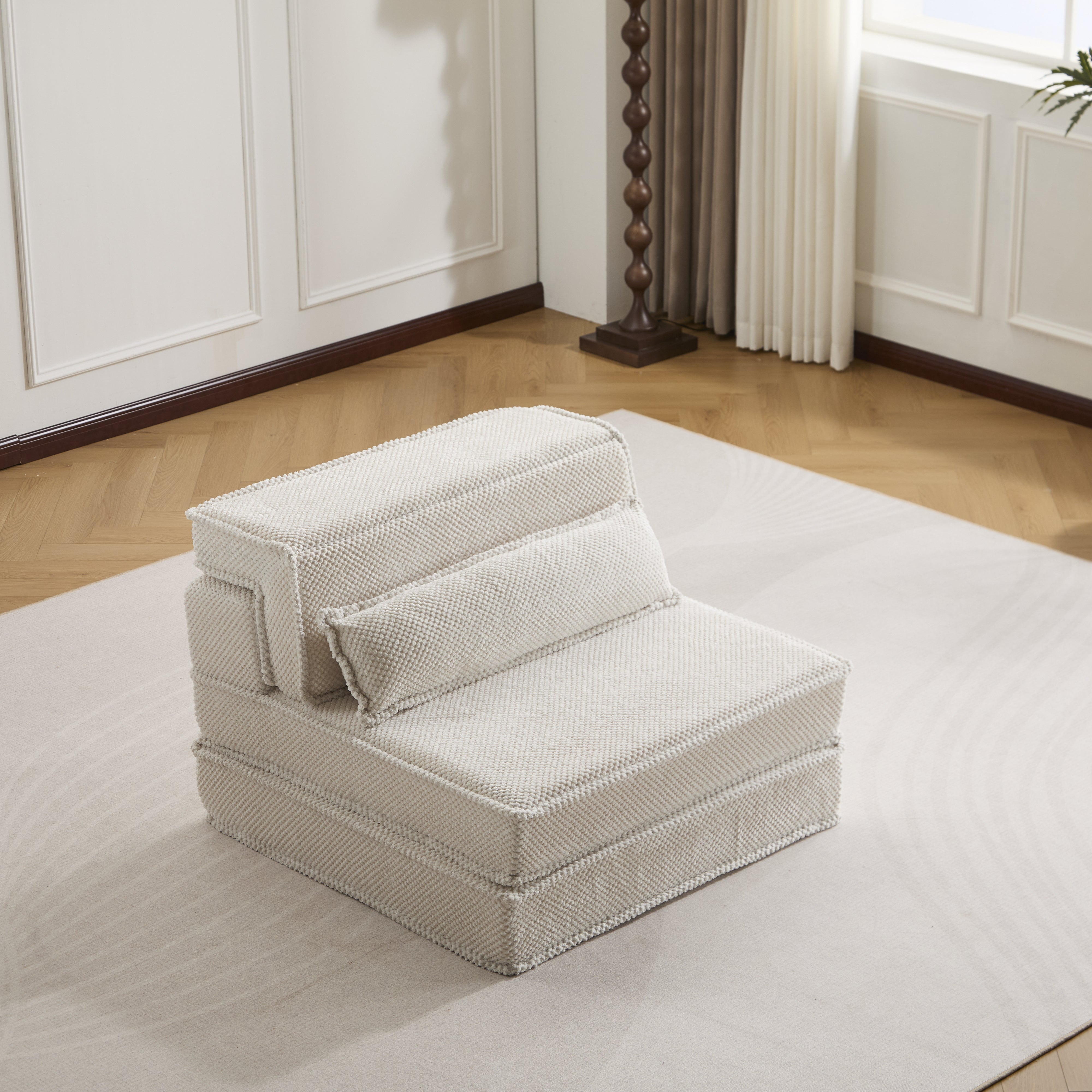 Sofá Mahjong de Compresión, Sofá Cama Convertible para el Suelo, Sofá Seccional Modular sin Huesos DIY, Sin Ensamblaje Requerido, Tejido de Lana de Círculo, Sofá Individual Sobredimensionado con 1 Almohada, Blanco
