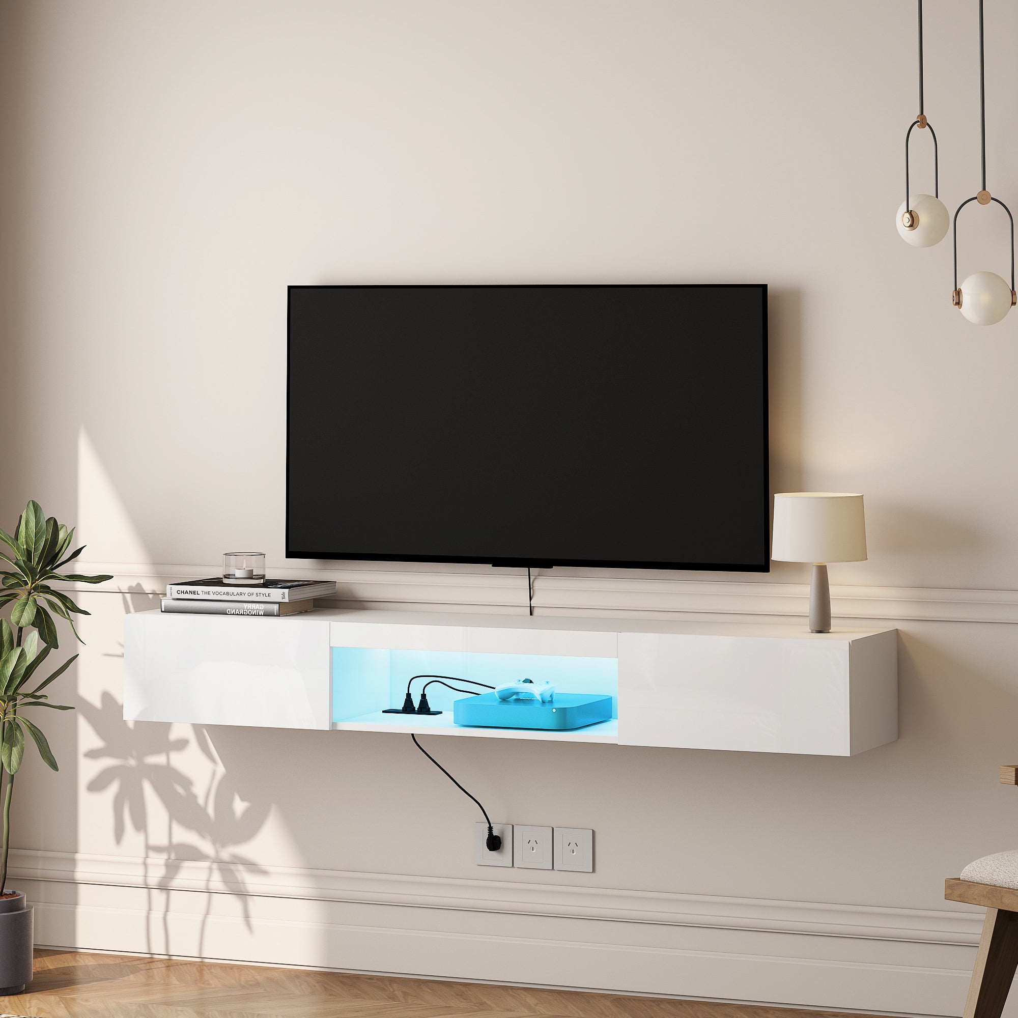 Soporte de TV Flotante Montado en la Pared con 16 Colores de LEDs, Soporte de TV Moderno, Gabinete de TV Flotante Centro de Entretenimiento para TV de 55 60 65 Pulgadas, Blanco