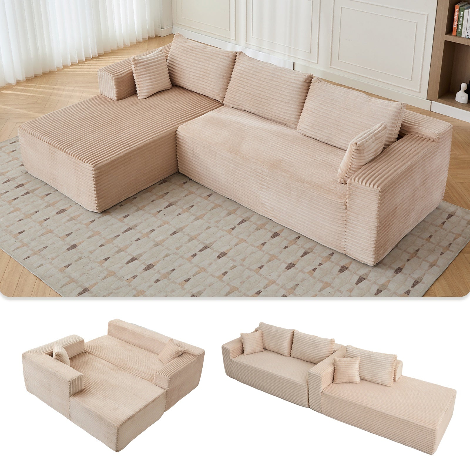 Sofá Cama de Compresión en Forma de L, Sofá Seccional Convertible con Soporte de Respaldo en Almohadas - Chaise Longue de Piso Plegable, Futón Dormitorio de Tela de Corduroy para Sala de Estar, Dormitorio, Sala de Juegos SIN TEMU