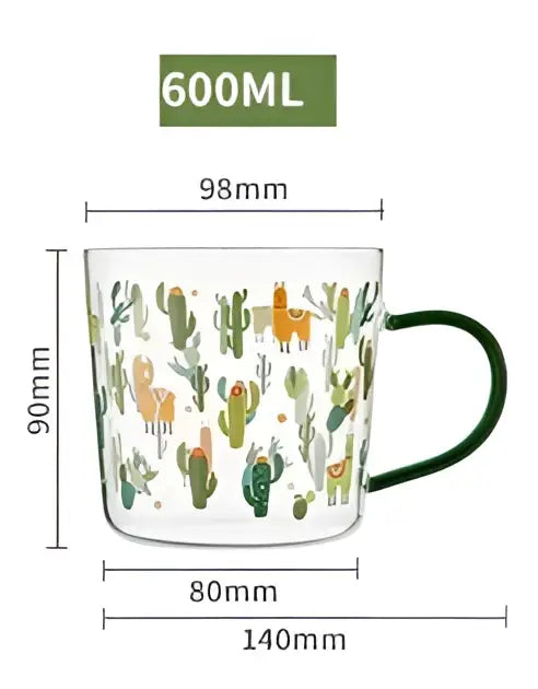 Clear glass cactus glass tea mug with green handle and colorful llama pattern marked 600ml for glass tea milk use