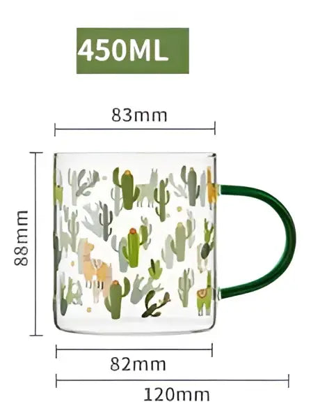 Clear glass tea milk mug with green handle and printed cactus design 450ml from decorbites cactus glass collection