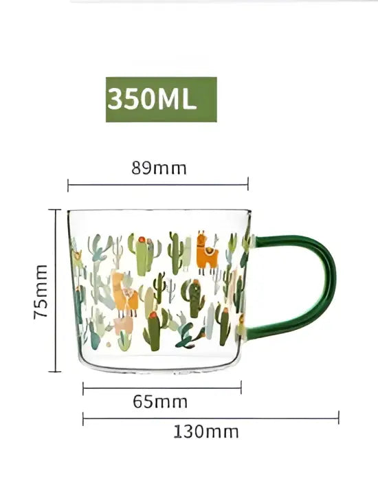 Clear glass mug with green handle and colorful cactus illustrations 350ml glass tea milk from decorbites cactus glass