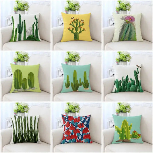 A collection of nine decorative pillowcases with cactus hand painting designs in various colors for living room sofa decor