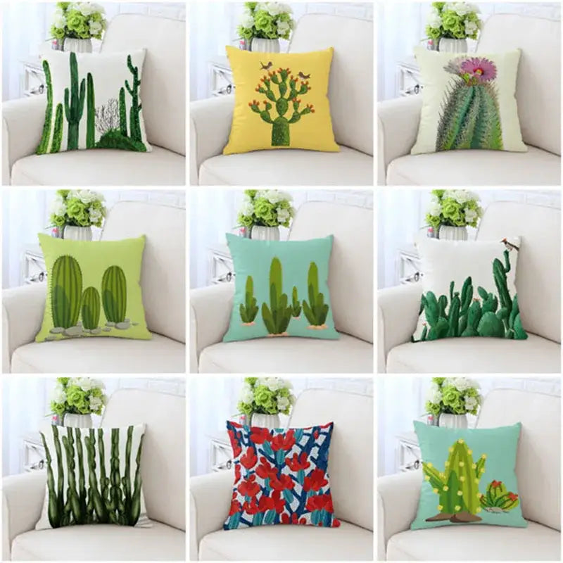 A collection of nine decorative pillowcases with cactus hand painting designs in various colors for living room sofa decor