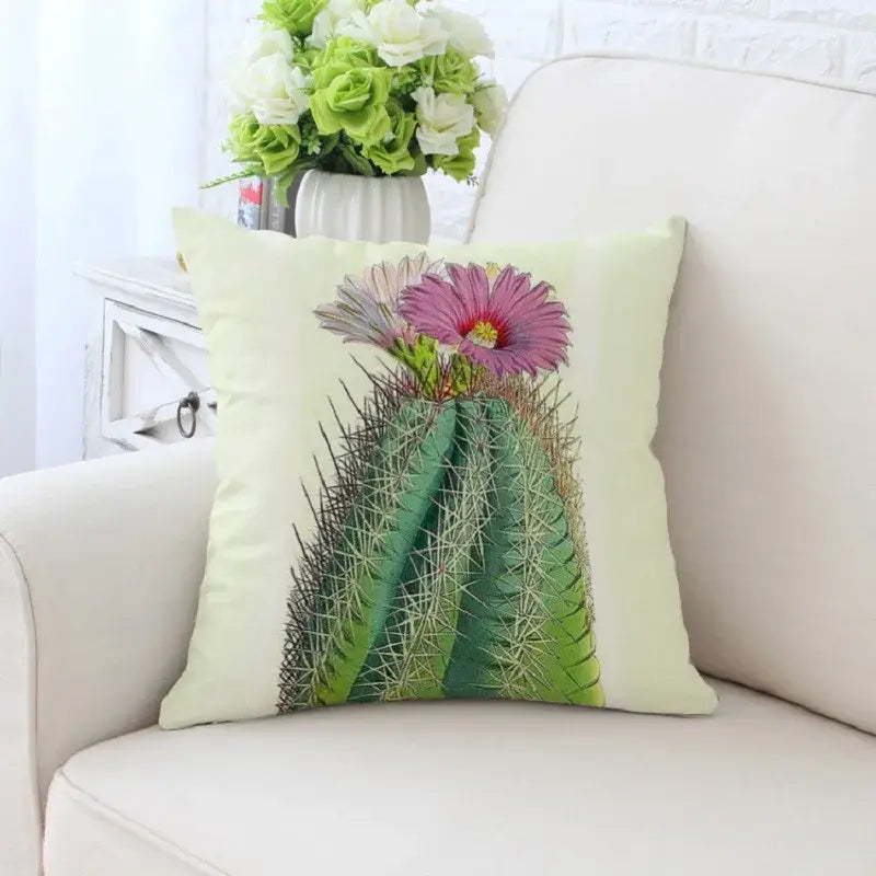 Light green decorative pillowcase with decorbites cactus hand painting of cactus with spines and pink flowers for sofa