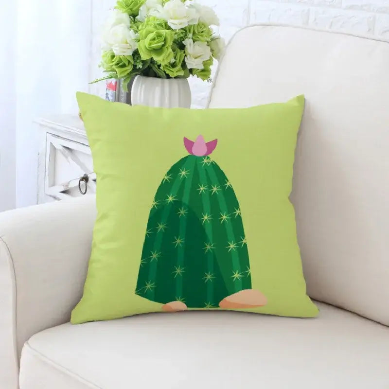 Lime green decorative pillowcase featuring decorbites cactus hand painting with dark green body and pink flower for sofa decor