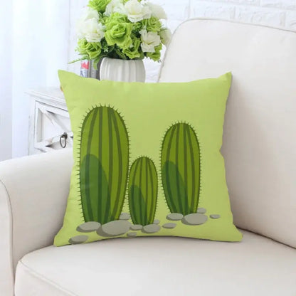 Lime green decorative pillowcase with decorbites cactus hand painting featuring a cartoon cactus design for sofa decor