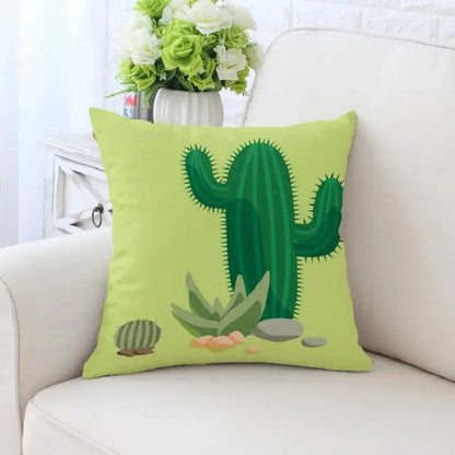 Lime green decorative pillowcase with decorbites cactus hand painting featuring cartoon-style cactus and succulent design