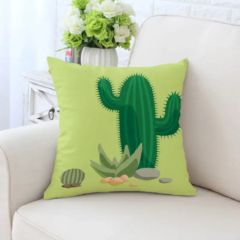 Lime green decorative pillowcase with decorbites cactus hand painting featuring cartoon-style cactus and succulent design