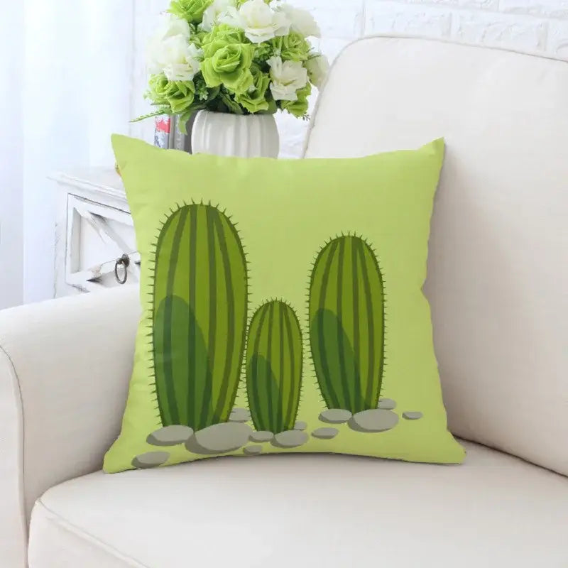 Lime green decorative pillowcase with decorbites cactus hand painting design featuring vertical stripes and spines