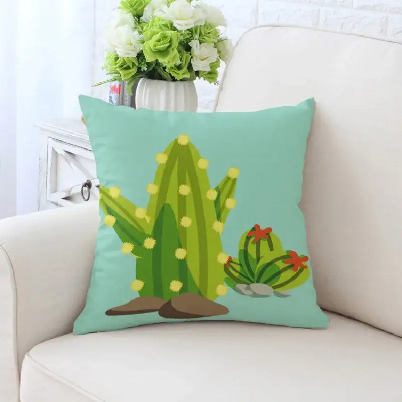 Teal decorative pillowcase with decorbites cactus hand painting of green cacti and a red flower for sofa decor